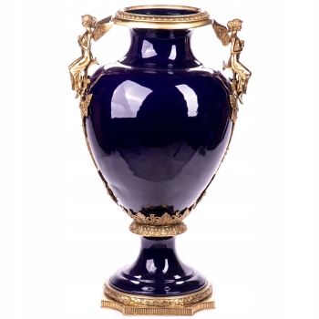 Granatowa Porcelanowa Waza - Urna Wazon - Porcelana + Brąz - Anioły