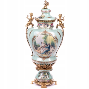 Barokowa Porcelanowa Waza - Urna Wazon - Porcelana + Brąz - Zakochani