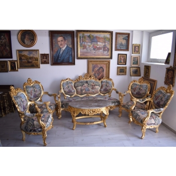 GOBELIN ARYSTOKRACJA Barokowy Komplet Wypoczynek - Sofa + 4 Fotele + Stół