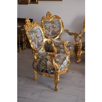 GOBELIN ARYSTOKRACJA Barokowy Komplet Wypoczynek - Sofa + 4 Fotele + Stół