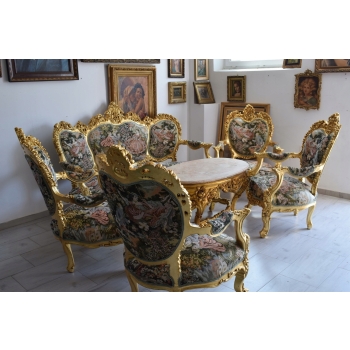 GOBELIN FRANCJA Barokowy Komplet Wypoczynek - Sofa + 4 Fotele + Stół