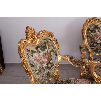 GOBELIN FRANCJA Barokowy Komplet Wypoczynek - Sofa + 4 Fotele + Stół