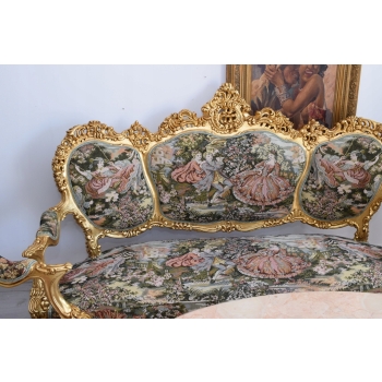 GOBELIN FRANCJA Barokowy Komplet Wypoczynek - Sofa + 4 Fotele + Stół
