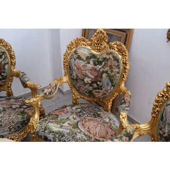 GOBELIN FRANCJA Barokowy Komplet Wypoczynek - Sofa + 4 Fotele + Stół