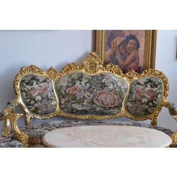 GOBELIN FRANCJA Barokowy Komplet Wypoczynek - Sofa + 4 Fotele + Stół