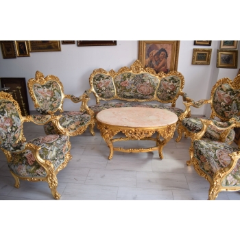 GOBELIN FRANCJA Barokowy Komplet Wypoczynek - Sofa + 4 Fotele + Stół