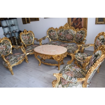 GOBELIN FRANCJA Barokowy Komplet Wypoczynek - Sofa + 4 Fotele + Stół