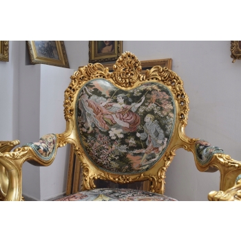 GOBELIN FRANCJA Barokowy Komplet Wypoczynek - Sofa + 4 Fotele + Stół
