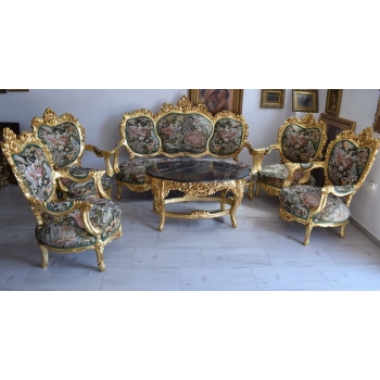 GOBELIN PARYSKI Barokowy Komplet Wypoczynek - Sofa + 4 Fotele + Stół