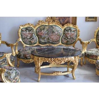 GOBELIN PARYSKI Barokowy Komplet Wypoczynek - Sofa + 4 Fotele + Stół