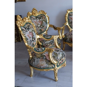GOBELIN PARYSKI Barokowy Komplet Wypoczynek - Sofa + 4 Fotele + Stół