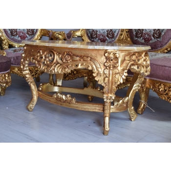 Barokowy Komplet Wypoczynek - Sofa + 4 Fotele + Stół RÓŻOWY KWIATY