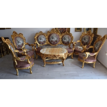 Barokowy Komplet Wypoczynek - Sofa + 4 Fotele + Stół RÓŻOWY KWIATY