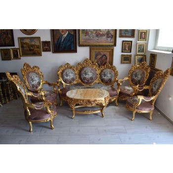 Barokowy Komplet Wypoczynek - Sofa + 4 Fotele + Stół RÓŻOWY KWIATY