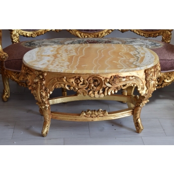 Barokowy Komplet Wypoczynek - Sofa + 4 Fotele + Stół RÓŻOWY KWIATY