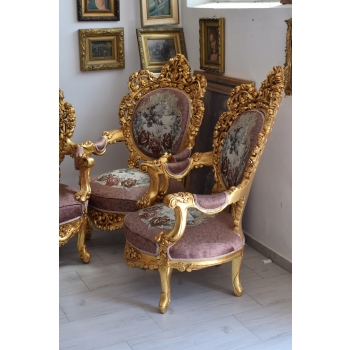Barokowy Komplet Wypoczynek - Sofa + 4 Fotele + Stół RÓŻOWY KWIATY