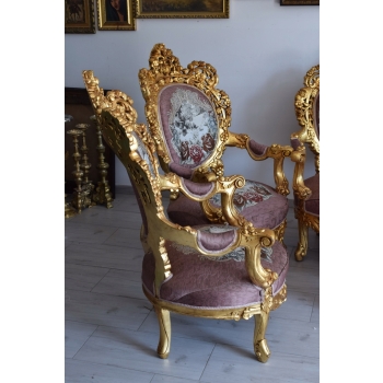 Barokowy Komplet Wypoczynek - Sofa + 4 Fotele + Stół RÓŻOWY KWIATY