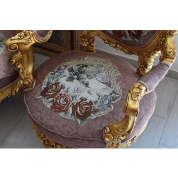 Barokowy Komplet Wypoczynek - Sofa + 4 Fotele + Stół RÓŻOWY KWIATY