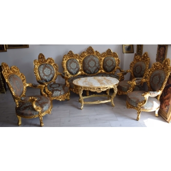 Barokowy Komplet Wypoczynkowy Wypoczynek - Sofa + 4 Fotele + Stół KWIATY