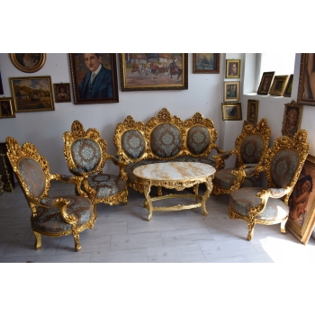 Barokowy Komplet Wypoczynkowy Wypoczynek - Sofa + 4 Fotele + Stół KWIATY