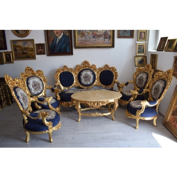 Barokowy Komplet Wypoczynkowy Wypoczynek - Sofa + 4 Fotele + Stół KWIATY