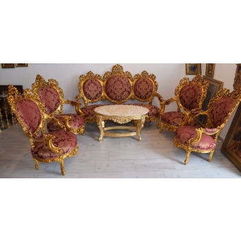 Barokowy Komplet Wypoczynkowy Wypoczynek Bordowy - Sofa + 4 Fotele + Stół