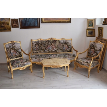 KRÓLEWSKI Komplet Mebli - Kawowy GOBELIN Wypoczynek Sofa + 2 Fotele + Stół