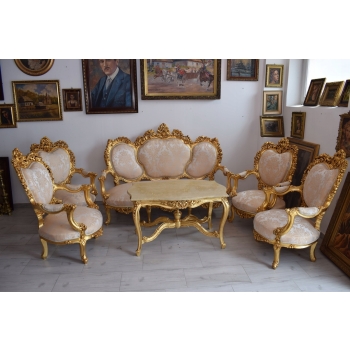 Barokowy Komplet Wypoczynkowy Wypoczynek Beżowy - Sofa + 4 Fotele + Stół