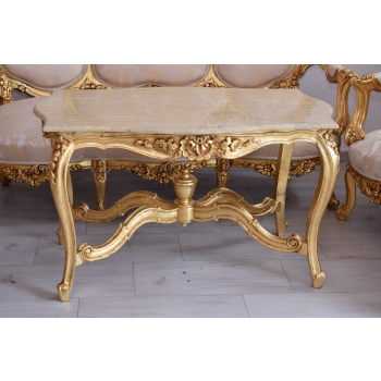 Barokowy Komplet Wypoczynkowy Wypoczynek Beżowy - Sofa + 4 Fotele + Stół
