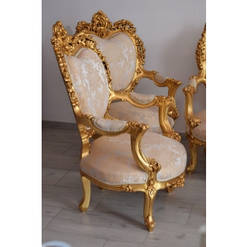 Barokowy Komplet Wypoczynkowy Wypoczynek Beżowy - Sofa + 4 Fotele + Stół