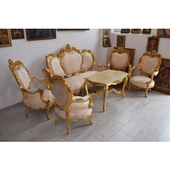 Barokowy Komplet Wypoczynkowy Wypoczynek Beżowy - Sofa + 4 Fotele + Stół