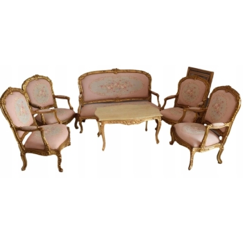 Barokowy Komplet Wypoczynkowy Wypoczynek Róż Kwiaty Sofa + 4 Fotele + Stół