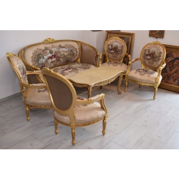 Barokowy Komplet Wypoczynkowy Wypoczynek Gobelin Sofa + 4 Fotele + Stół