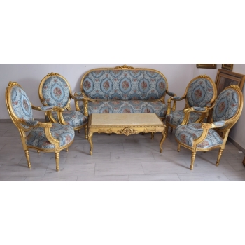 Barokowy Komplet Wypoczynkowy Wypoczynek Niebieski - Sofa + 4 Fotele + Stół