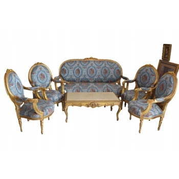 Barokowy Komplet Wypoczynkowy Wypoczynek Niebieski - Sofa + 4 Fotele + Stół