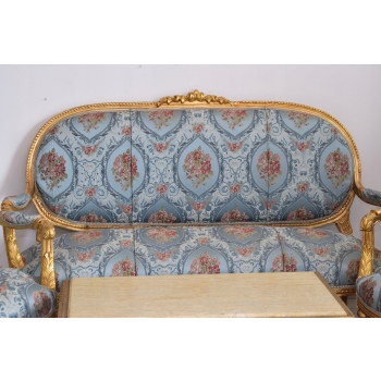 Barokowy Komplet Wypoczynkowy Wypoczynek Niebieski - Sofa + 4 Fotele + Stół