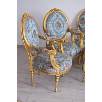 Barokowy Komplet Wypoczynkowy Wypoczynek Niebieski - Sofa + 4 Fotele + Stół