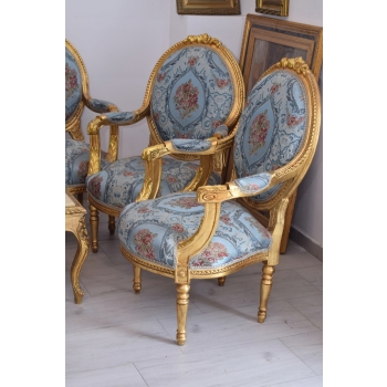 Barokowy Komplet Wypoczynkowy Wypoczynek Niebieski - Sofa + 4 Fotele + Stół