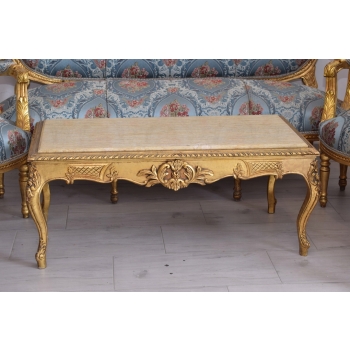 Barokowy Komplet Wypoczynkowy Wypoczynek Niebieski - Sofa + 4 Fotele + Stół