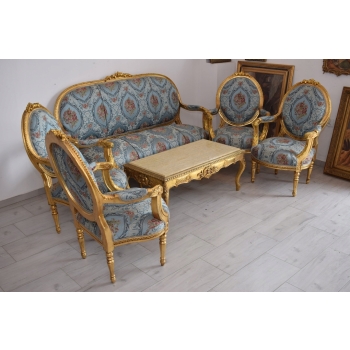 Barokowy Komplet Wypoczynkowy Wypoczynek Niebieski - Sofa + 4 Fotele + Stół