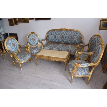 Barokowy Komplet Wypoczynkowy Wypoczynek Niebieski - Sofa + 4 Fotele + Stół