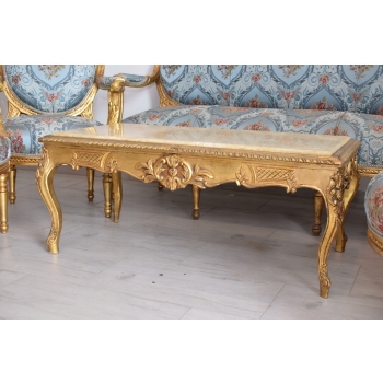 Barokowy Komplet Wypoczynkowy Wypoczynek Niebieski - Sofa + 4 Fotele + Stół