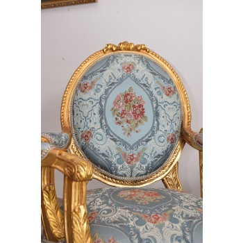 Barokowy Komplet Wypoczynkowy Wypoczynek Niebieski - Sofa + 4 Fotele + Stół