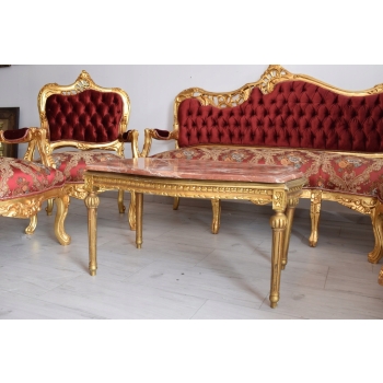 Barokowy Komplet Wypoczynkowy Wypoczynek Czerwony - Sofa + 4 Fotele + Stół