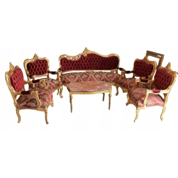 Barokowy Komplet Wypoczynkowy Wypoczynek Czerwony - Sofa + 4 Fotele + Stół
