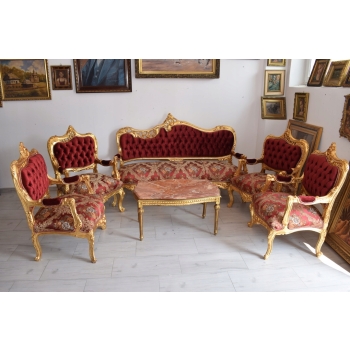 Barokowy Komplet Wypoczynkowy Wypoczynek Czerwony - Sofa + 4 Fotele + Stół
