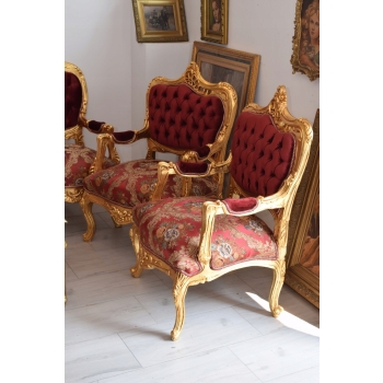Barokowy Komplet Wypoczynkowy Wypoczynek Czerwony - Sofa + 4 Fotele + Stół