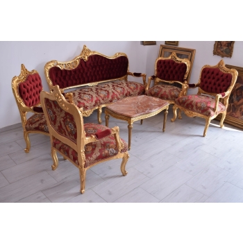 Barokowy Komplet Wypoczynkowy Wypoczynek Czerwony - Sofa + 4 Fotele + Stół