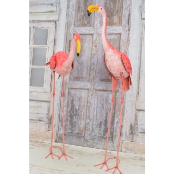 metalowy RÓŻOWY FLAMING FIGURA OGRODOWA UROCZA PARA 107 I 84 CM