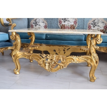 Barokowy Komplet Wypoczynkowy Wypoczynek NIEBIESKI - Sofa + 4 Fotele + Stół
